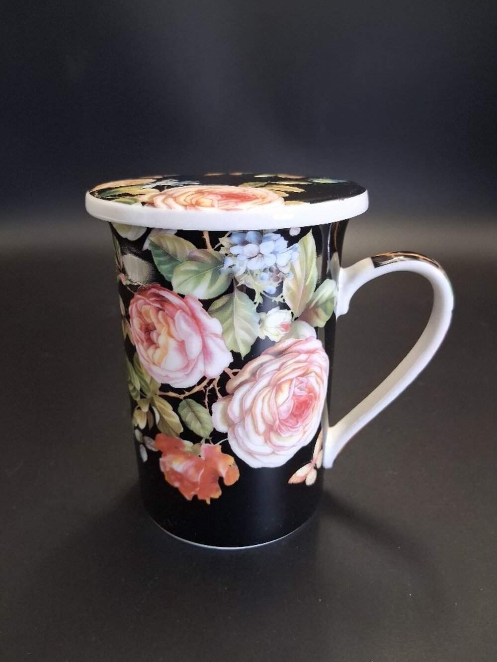 Kent Pottery England Mug with Lid For Coffee Tea Black Pink Roses